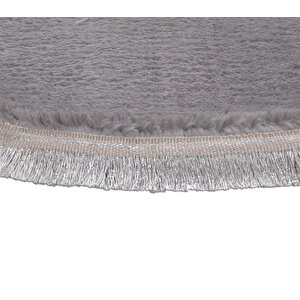 Modern Dekoratif Halı Jel Kaymaz Taban Peluş Yuvarlak Model Açık Gri Renk Saçaklı 150x150 cm