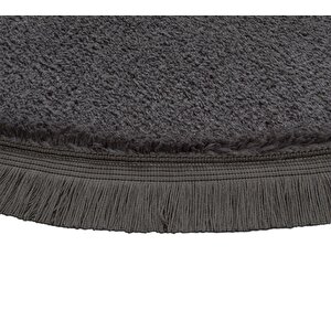 Modern Dekoratif Halı Jel Kaymaz Taban Peluş Yuvarlak Model Antrasit Renk Saçaklı 100x100 cm