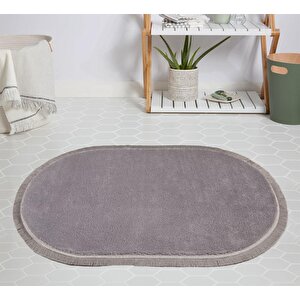 Modern Dekoratif Halı Jel Kaymaz Taban Peluş Gri Saçaklı Oval Halı 150x300 cm