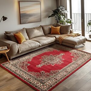 Klasik Desenli Salon Halısı Dokuma Halı Iran Tarzı Madalyon Süsleme Bordo Krem 240x340 cm