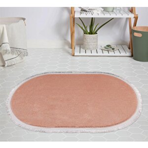 Modern Dekoratif Halı Jel Kaymaz Taban Peluş Pembe Saçaklı Oval Halı 200x300 cm