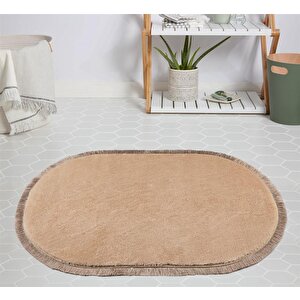 Modern Dekoratif Halı Jel Kaymaz Taban Peluş Bej Saçaklı Oval Halı 80x150 cm