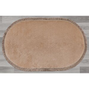 Modern Dekoratif Halı Jel Kaymaz Taban Peluş Bej Saçaklı Oval Halı 80x150 cm
