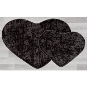 Modern Dekoratif Halı Jel Kaymaz Taban Peluş Puffy Kalp Model Gri Siyah  Paspas Takımı 70x100-70x60
