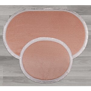 My Evilla Modern Dekoratif Halı Jel Kaymaz Taban Peluş Pembe Saçaklı Oval Paspas Takımı 50x80