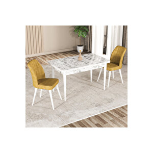 Hestia Serisi Mdf Mutfak-salon Masa Sandalye Takımı (2 Sandalyeli) Beyaz Mermer Renk Sarı