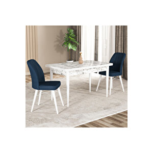 Hestia Serisi Mdf Mutfak-salon Masa Sandalye Takımı (2 Sandalyeli) Beyaz Mermer Renk Lacivert