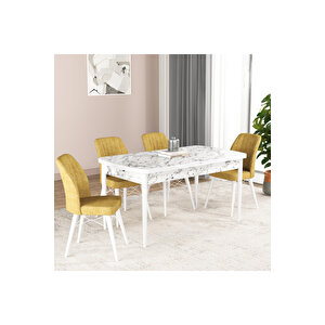 Hestia Serisi Açılabilir Mdf Mutfak Salon Masa Takımı 4 Sandalyeli Beyaz Mermer Görünümlü Sarı