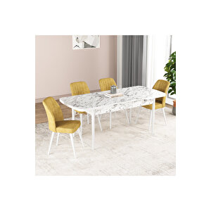 Hestia Serisi Açılabilir Mdf Mutfak Salon Masa Takımı 4 Sandalyeli Beyaz Mermer Görünümlü Sarı