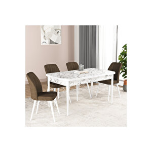 Hestia Serisi Açılabilir Mdf Mutfak Salon Masa Takımı 4 Sandalyeli Beyaz Mermer Görünümlü Kahverengi