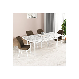 Hestia Serisi Açılabilir Mdf Mutfak Salon Masa Takımı 4 Sandalyeli Beyaz Mermer Görünümlü Kahverengi