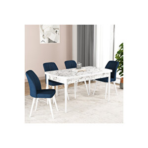 Hestia Serisi Açılabilir Mdf Mutfak Salon Masa Takımı 4 Sandalyeli Beyaz Mermer Görünümlü Lacivert