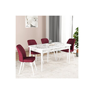 Hestia Serisi Açılabilir Mdf Mutfak Salon Masa Takımı 4 Sandalyeli Beyaz Mermer Görünümlü Bordo