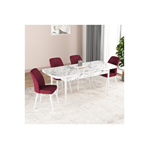 Hestia Serisi Açılabilir Mdf Mutfak Salon Masa Takımı 4 Sandalyeli Beyaz Mermer Görünümlü Bordo