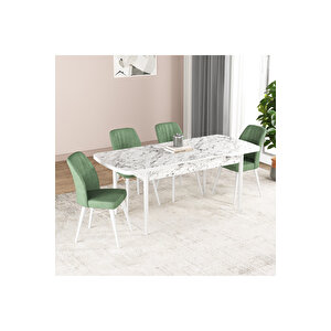 Hestia Serisi Açılabilir Mdf Mutfak Salon Masa Takımı 4 Sandalyeli Beyaz Mermer Görünümlü Yeşil