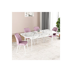 Hestia Serisi Açılabilir Mdf Mutfak Salon Masa Takımı 4 Sandalyeli Beyaz Mermer Görünümlü Pembe