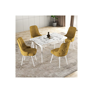 Hera Serisi Mdf Mutfak-salon Masa Sandalye Takımı (4 Sandalyeli) Beyaz Mermer Görünümlü Sarı
