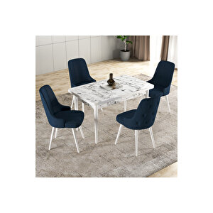 Hera Serisi Mdf Mutfak-salon Masa Sandalye Takımı (4 Sandalyeli) Beyaz Mermer Görünümlü Lacivert
