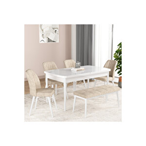 Hestia Serisi Açılabilir Mdf Mutfak Salon Masa Takımı 4 Sandalye+1 Bench Beyaz Krem