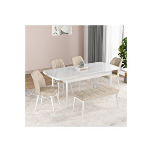 Hestia Serisi Açılabilir Mdf Mutfak Salon Masa Takımı 4 Sandalye+1 Bench Beyaz Krem