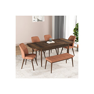 Hestia Serisi Açılabilir Mdf Mutfak Salon Masa Takımı 4 Sandalye+1 Bench Turuncu