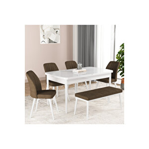 Hestia Serisi Açılabilir Mdf Mutfak Salon Masa Takımı 4 Sandalye+1 Bench Beyaz Kahverengi