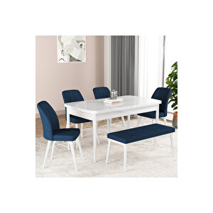 Hestia Serisi Açılabilir Mdf Mutfak Salon Masa Takımı 4 Sandalye+1 Bench Beyaz Lacivert