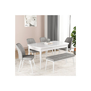 Hestia Serisi Açılabilir Mdf Mutfak Salon Masa Takımı 4 Sandalye+1 Bench Beyaz Gri