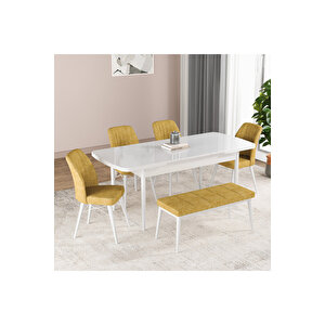 Hestia Serisi Açılabilir Mdf Mutfak Salon Masa Takımı 4 Sandalye+1 Bench Beyaz Sarı