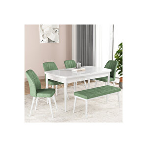 Hestia Serisi Açılabilir Mdf Mutfak Salon Masa Takımı 4 Sandalye+1 Bench Beyaz Yeşil