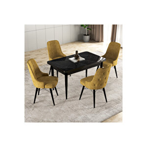 Hera Serisi Mdf Mutfak-salon Masa Sandalye Takımı (4 Sandalyeli) Siyah Mermer Görünümlü Sarı