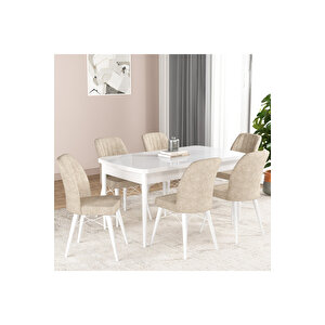 Hestia Serisi Açılabilir Mdf Mutfak Salon Masa Takımı 6 Sandalyeli Beyaz Renk Krem