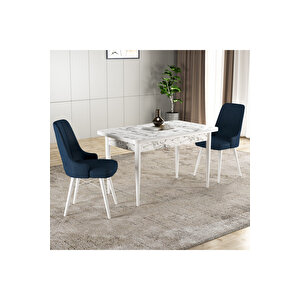 Hera Serisi Mdf Mutfak-salon Masa Sandalye Takımı (2 Sandalyeli) Beyaz Mermer Görünümlü Lacivert
