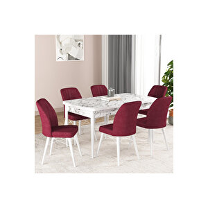 Hestia Serisi Açılabilir Mdf Mutfak Salon Masa Takımı 6 Sandalyeli Beyaz Mermer Görünümlü Bordo