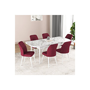 Hestia Serisi Açılabilir Mdf Mutfak Salon Masa Takımı 6 Sandalyeli Beyaz Mermer Görünümlü Bordo