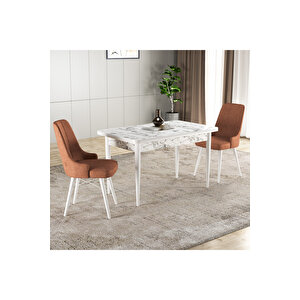 Hera Serisi Mdf Mutfak-salon Masa Sandalye Takımı (2 Sandalyeli) Beyaz Mermer Görünümlü Turuncu