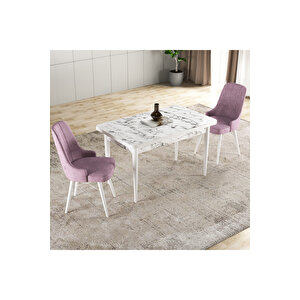 Hera Serisi Mdf Mutfak-salon Masa Sandalye Takımı (2 Sandalyeli) Beyaz Mermer Görünümlü Pembe