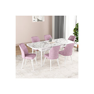 Hestia Serisi Açılabilir Mdf Mutfak Salon Masa Takımı 6 Sandalyeli Beyaz Mermer Görünümlü Pembe