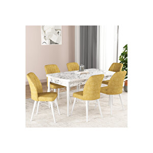 Hestia Serisi Açılabilir Mdf Mutfak Salon Masa Takımı 6 Sandalyeli Beyaz Mermer Görünümlü Sarı