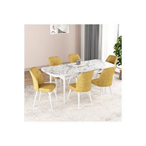 Hestia Serisi Açılabilir Mdf Mutfak Salon Masa Takımı 6 Sandalyeli Beyaz Mermer Görünümlü Sarı