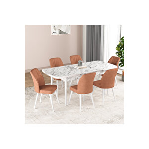 Hestia Serisi Açılabilir Mdf Mutfak Salon Masa Takımı 6 Sandalyeli Beyaz Mermer Görünümlü Turuncu