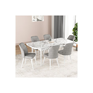 Hestia Serisi Açılabilir Mdf Mutfak Salon Masa Takımı 6 Sandalyeli Beyaz Mermer Görünümlü Gri