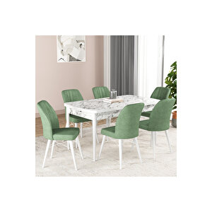 Hestia Serisi Açılabilir Mdf Mutfak Salon Masa Takımı 6 Sandalyeli Beyaz Mermer Görünümlü Yeşil