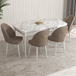 Arjeta Beyaz Mermer Desen 80x132 Mdf Açılabilir Mutfak Masası Takımı 4 Adet Sandalye