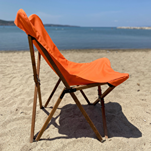 Ahşap Katlanır Kamp & Bahçe Sandalyesi – Kahverengi Iskelet - Turuncu Kılıf