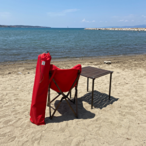 Ahşap Katlanır Kamp & Bahçe Sandalyesi – Antrasit Iskelet - Kırmızı Kılıf