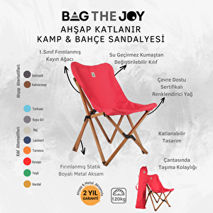 Ahşap Katlanır Kamp & Bahçe Sandalyesi – Kahverengi Iskelet - Kırmızı Kılıf