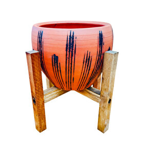 Siyah Çizgi Desenli Terrakota Toprak Saksı Saksılık Salon Çiçeklik 4 Ayaklı - 15 Cm