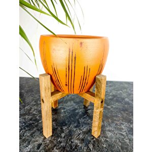 Siyah Çizgi Desenli Terrakota Toprak Saksı Saksılık Salon Çiçeklik 4 Ayaklı - 15 Cm