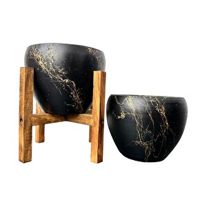 Siyah Üzeri Gold Mermer Efektli Toprak Saksı Saksılık Salon Çiçeklik İkili Set Ayaksız -4 Ayaklı-15 Cm